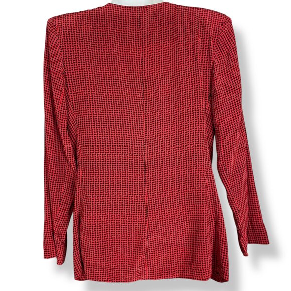 Vintage Silk Blazer Top John Yang Double Breasted Red Black Houndstooth 1980s - Picture 2 of 15